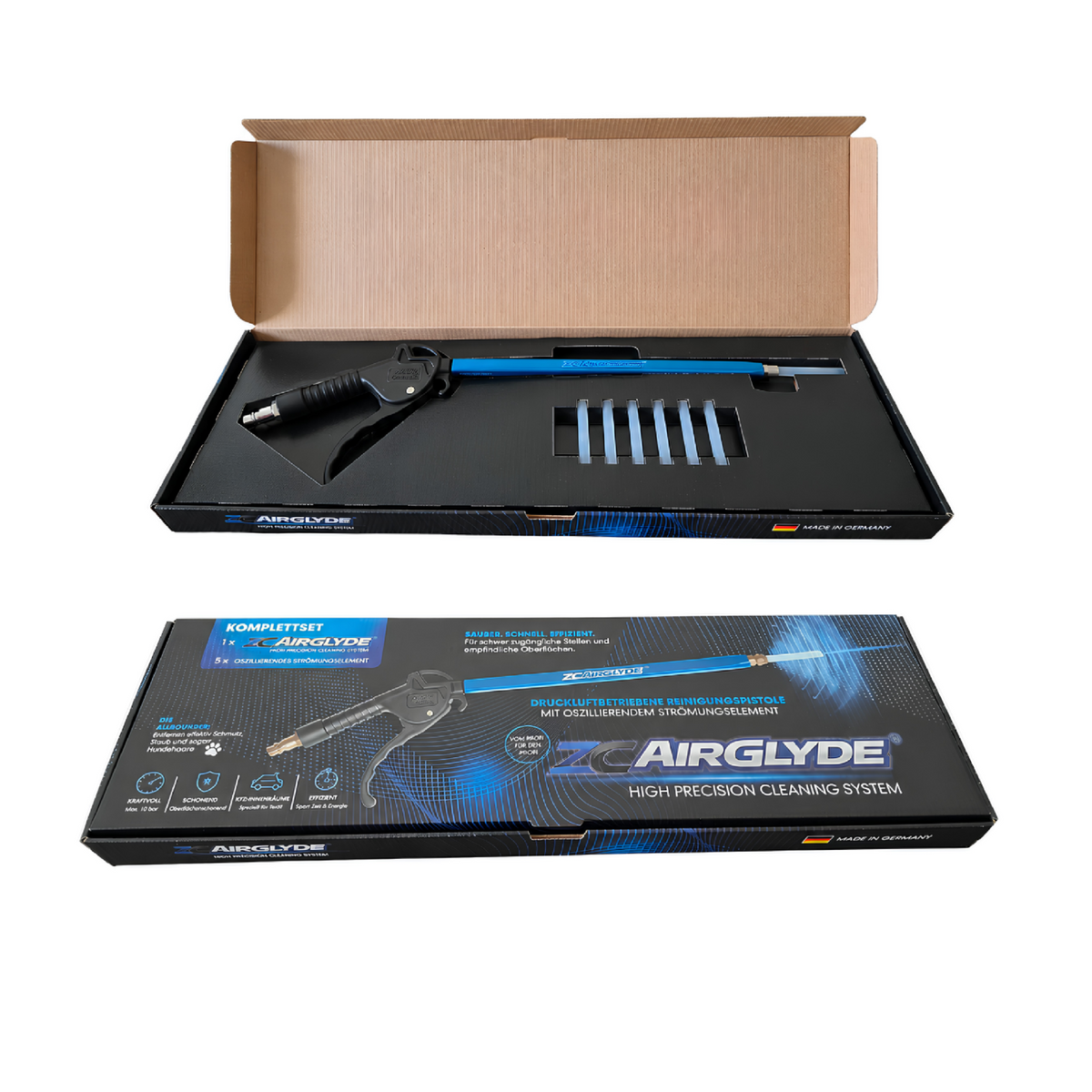 ZC AIRGLYDE Komplettset mit Reinigungspistole und FLEX-Strömungselementen in der Verpackung